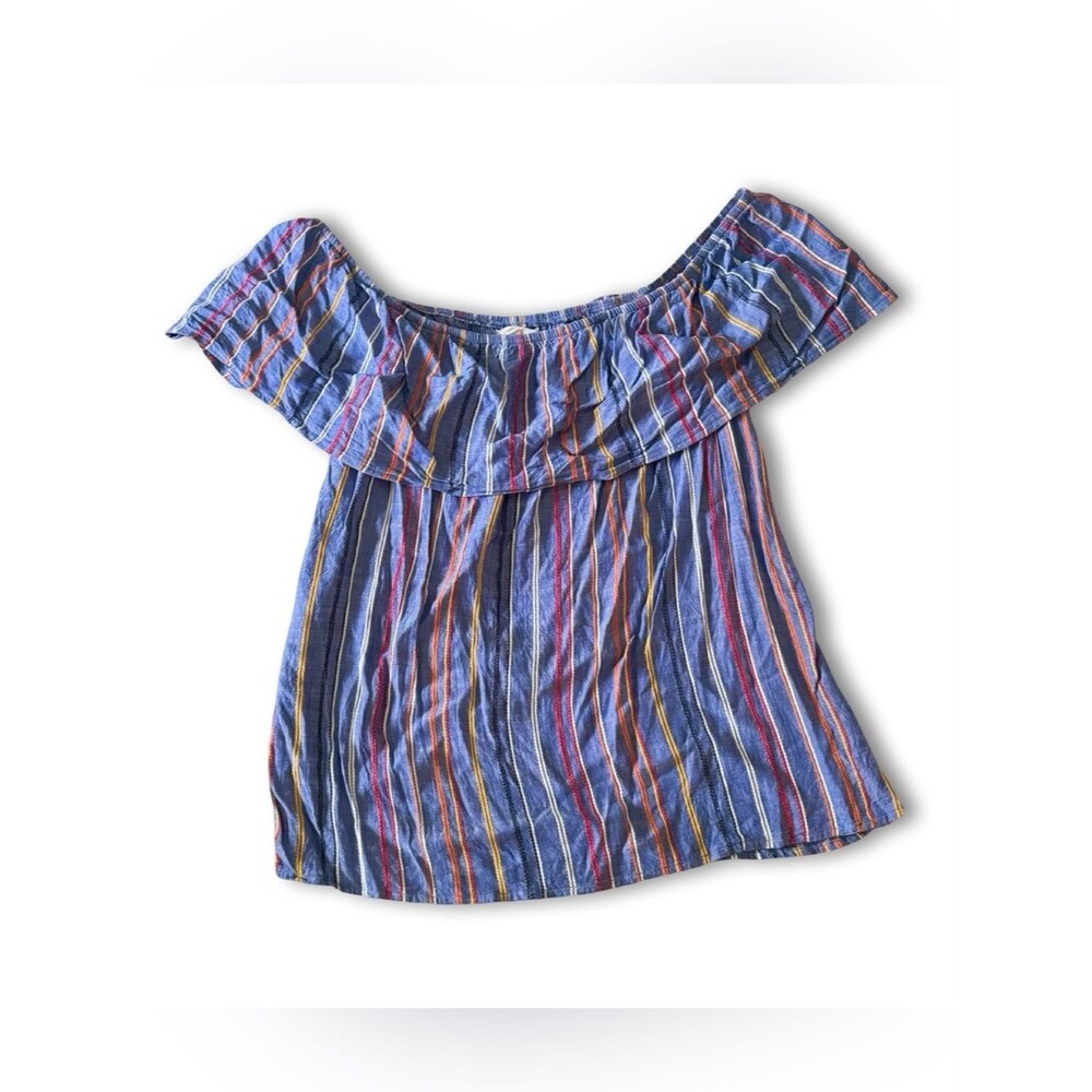 Socialite Coastal Summer Embroidered Stripe Off Shoulder Ruffle Blouse